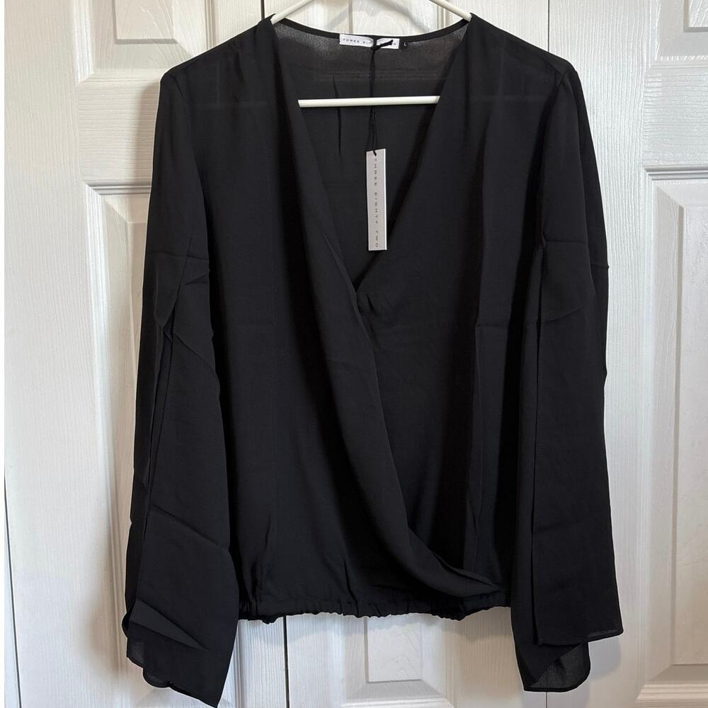 three eighty two NWT black gauzy wrap front top size large